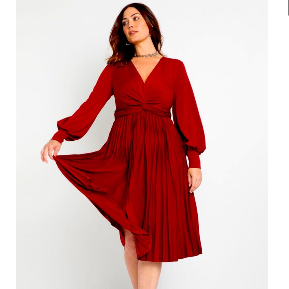 Eloquii Rich Burgundy Knot Front Pleated Skirt Dress Plus Size US 26
